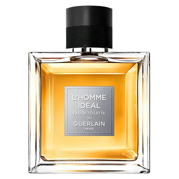 Perfume bottle of L'Homme Ideal by Guerlain on a white background